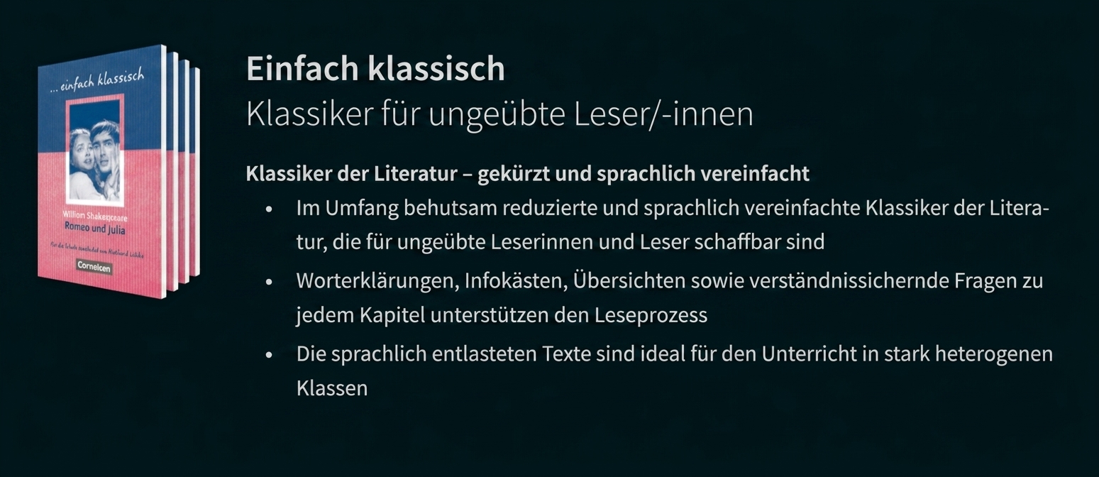 Gestapelte Bücher mit Titel "Einfach klassisch" links, rechts Überschrift und drei Stichpunkte zu vereinfachten Klassikern